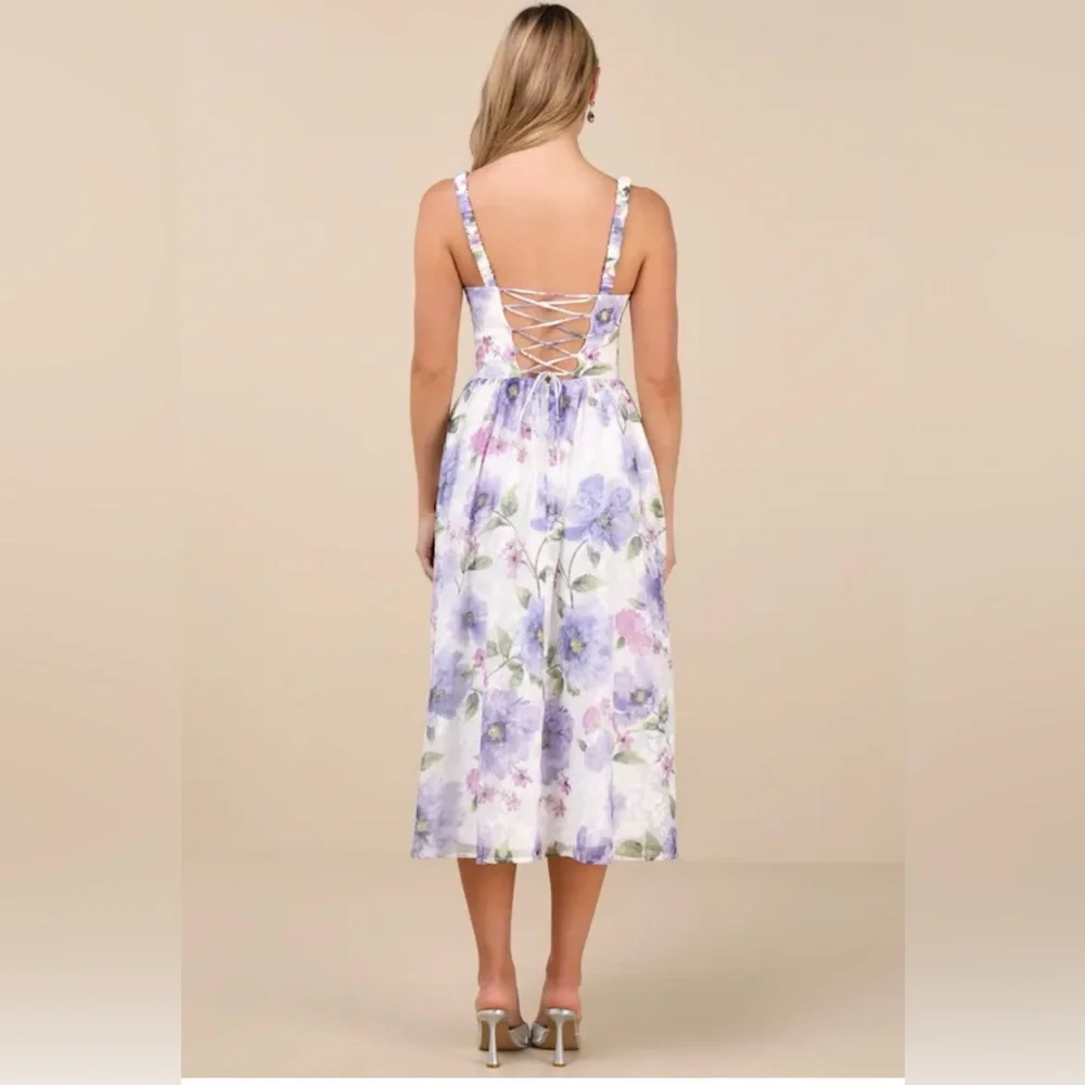 💜LULUS Hillela Ivory Floral Ruffled Lace-Up Midi Skater Dress💜SZ L- NWT - Picture 3 of 16